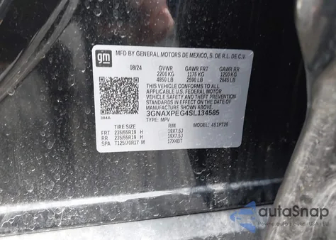 2025 Chevrolet Equinox Lt из США, поврежденный, VIN 3GNAXPEG4SL134585